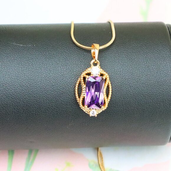 "Purple Rectangle Pendant with Gold Plated Frame and Crystal Accents, XPPT1683 - Picture 13 of 13